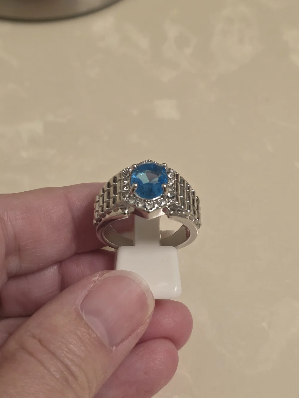 Men's Silver CZ and Aquamarine Statement Ring Size 10